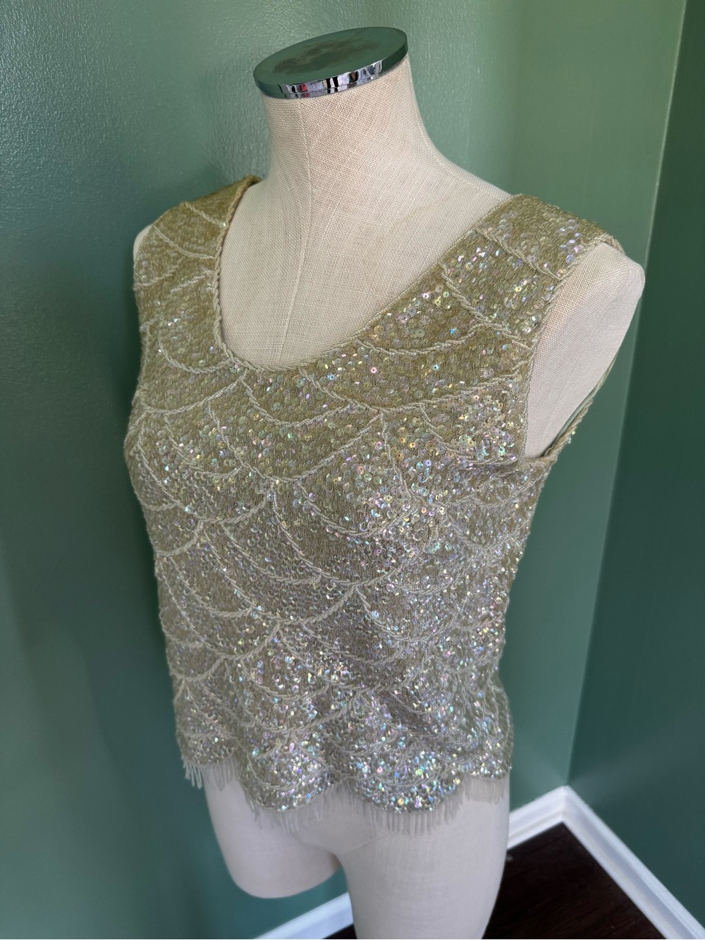 Vintage Sleeveless Sequin Scallop Top - Light Seafoam Green - Picture 2 of 13